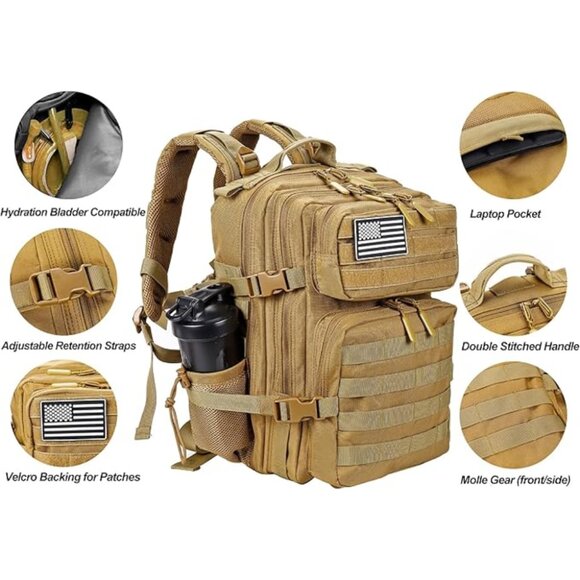 45L Tactical Backpack with Bottle Holder Waterproof Multi Compartment for Hiking - Picture 3 of 5